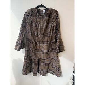 Cabi Womens Brown Navy Plaid 2 Way Zip Peplum Hem Flounce Top Jacket Size Small